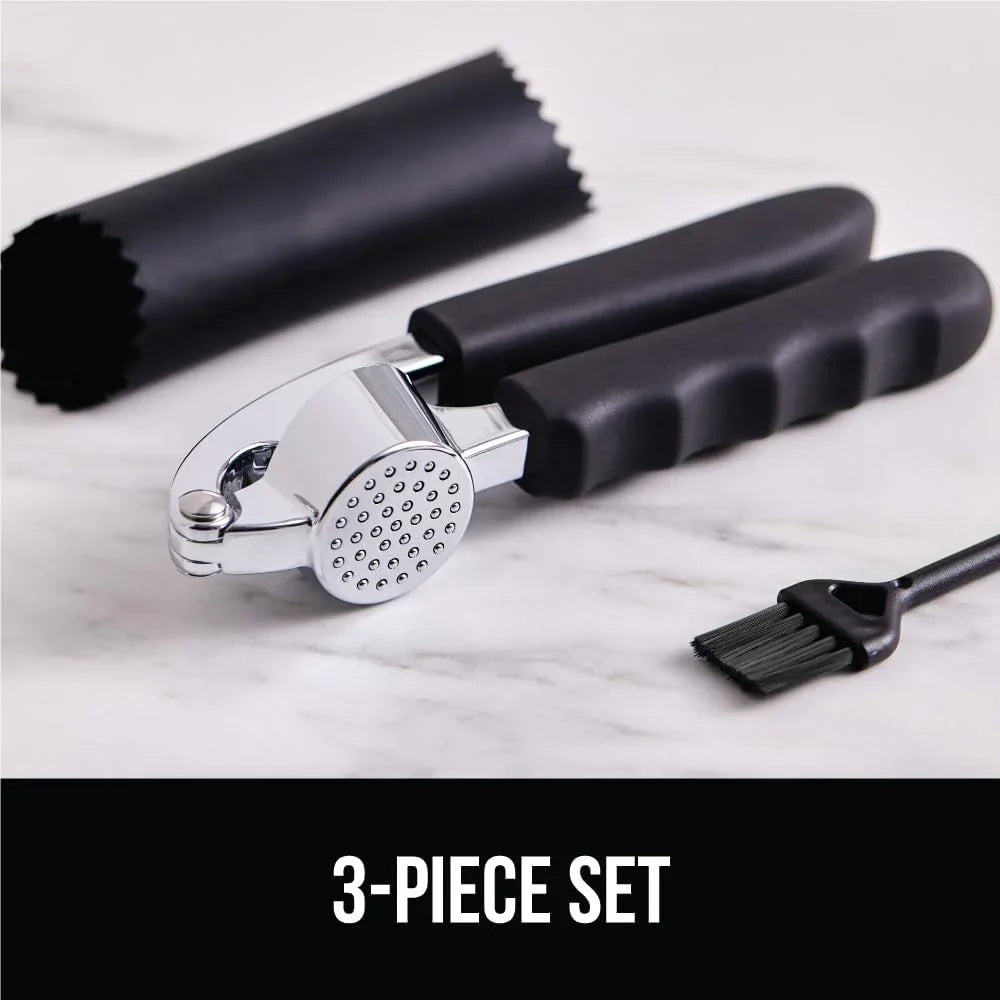 Garlic Press and Peel Set, Heavy Duty Mincer Tool, Large Ergonomic Handle, Easily Mince and Crush Garlics, Ginger, Nuts, Seeds, Peeler Included, Peeling Cloves, Kitchen Gadgets, Black