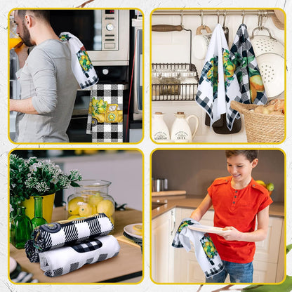 6 Pcs Lemon Kitchen Towels Lemonade Dish Towels with Sayings Decorative Hand Tea Dishcloths for Kitchen Decor with Hanging Loop for Housewarming Gift(Black White,Plaid Lemon)