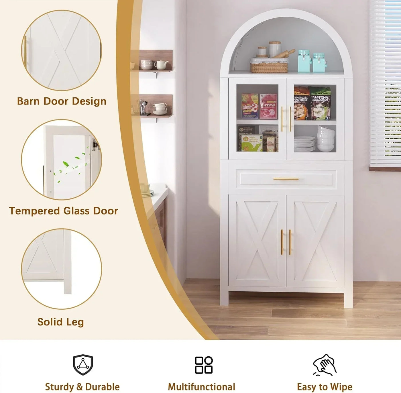 White kitchen storage cabinet with barn door design, tempered glass, solid legs, and multifunctional shelving for organized cooking essentials.