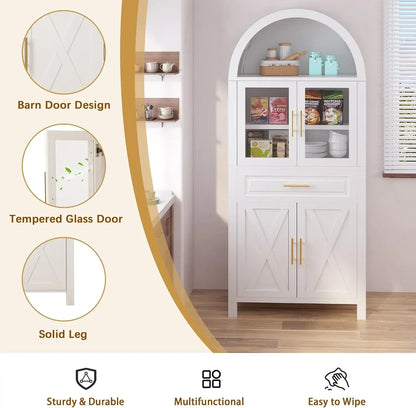 White kitchen storage cabinet with barn door design, tempered glass, solid legs, and multifunctional shelving for organized cooking essentials.