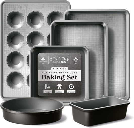 Nonstick Stackable Bakeware Set - Durable, Easy Release Baking Set, Black, 6 Pcs