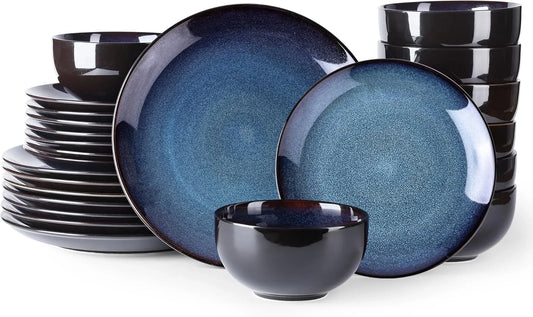 Ceramic Dinnerware Sets for 8,Stoneware Plates and Bowls Sets,Handmade Reactive Glaze Dishes Set,Chip Resistant and Scratch Resistant | Oven&Dishwasher & Microwave Safe-Blue(24Pcs)
