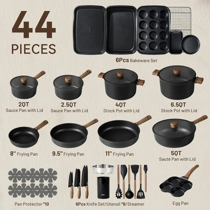 44-piece black cookware and bakeware set with pots, pans, knives, utensils, and baking trays for kitchen essentials