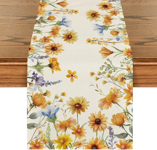 Yellow Daisy Lavender Flowers Floral Leaves Spring Table Runner, Summer Kitchen Dining Table Decoration for Home Party Decor 13X72 Inch