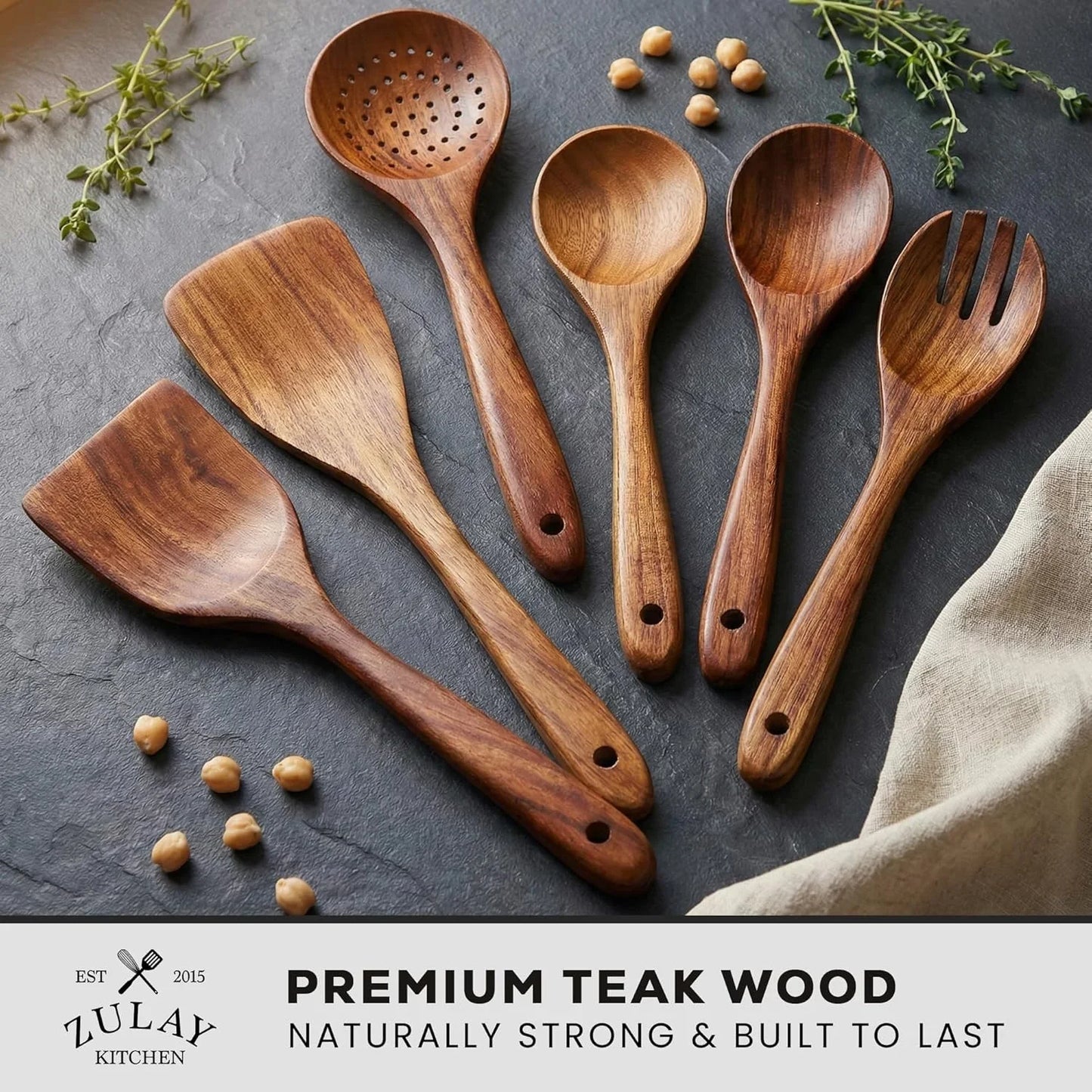6 Piece Wooden Spoons for Cooking – Natural Teak Wooden Utensil Set, Easy to Clean, Durable, Smooth with Comfort Grip - Non Toxic Wooden Cooking Utensil Sets