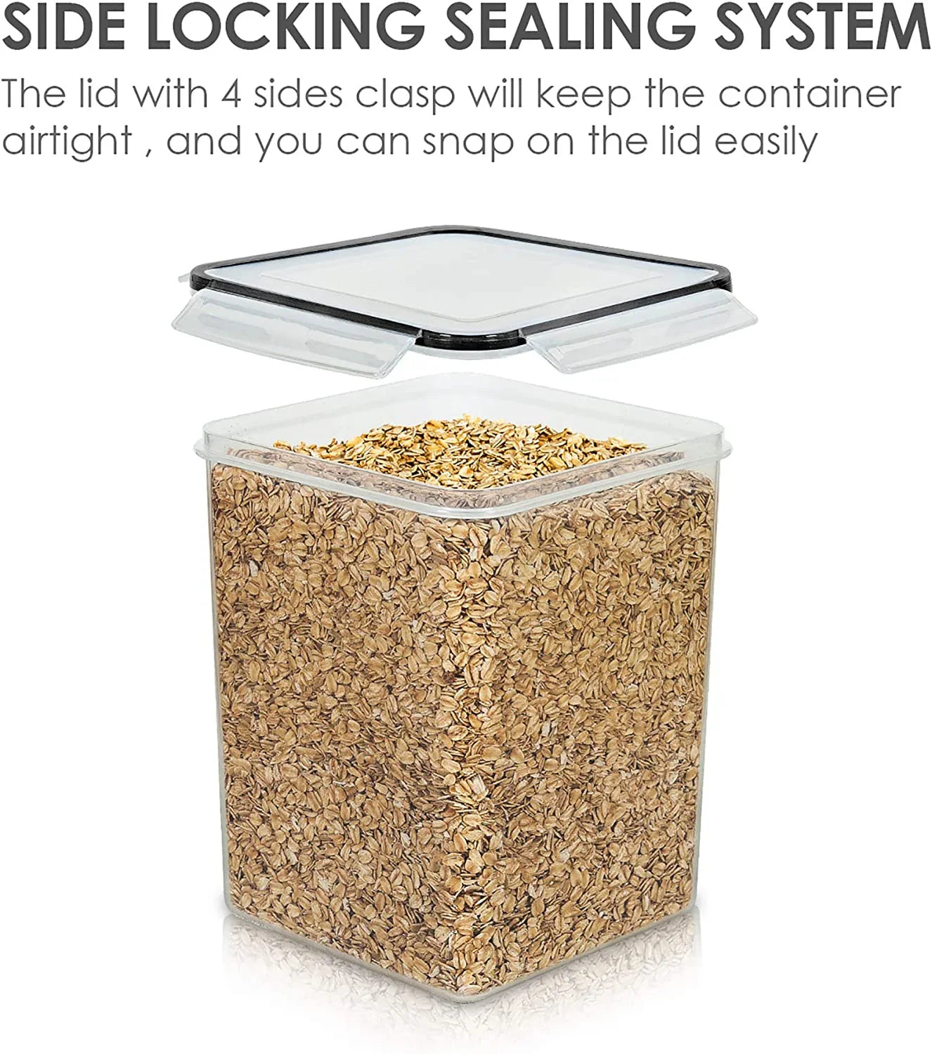 4 PCS Large Food Storage Containers 5.2L / 175Oz, 4 Pieces BPA Free Plastic Airtight Canisters for Flour, Sugar, Baking Supplies, Rice with Lids, 4 Measuring Cups and 24 Labels, Black
