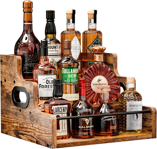 Liquor Bottle Display Shelf, Coffee Syrup Rack Organizer, 3 Step Countertop Liquor Wine Rack, Mini Bar,Liquor Cabinet, Home Retro Bar Shelf Stand for Liquor Whiskey, Spirits