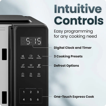 Countertop Microwave Oven 0.7 Cu. Ft., 700 Watts with 10 Power Levels, 6 Cooking Presets with One-Touch Express Cook, Eco Mode, Child Safety Lock, & Mute Button - Black