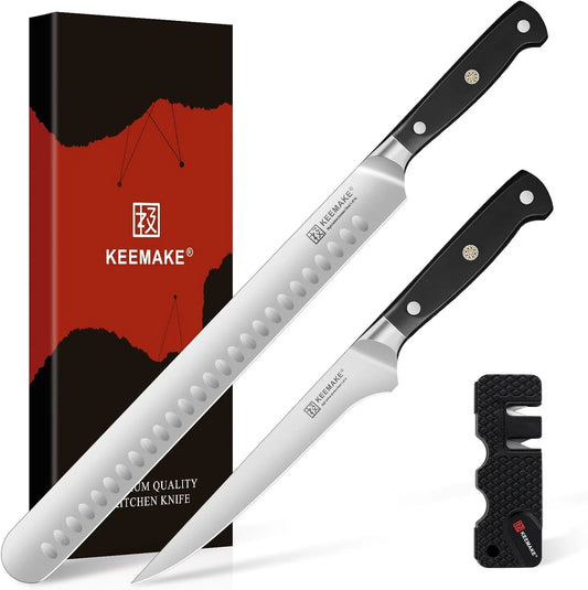 Carving Knife Set with Sharpener, German High Carbon Steel, Ergonomic Full Tang Handle, Slicing & Boning Kitchen Knives for Meat Turkey BBQ and Brisket