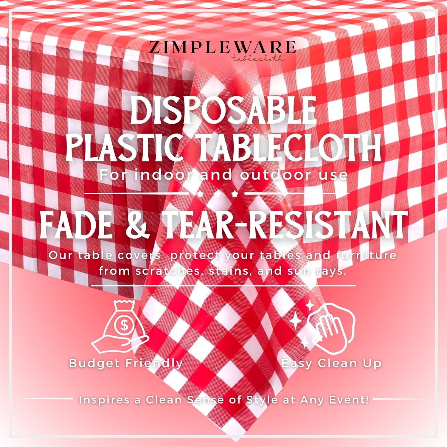 Premium Red Gingham Checkered Plastic Table Cloth Disposable (12 Pk) Plastic Tablecloths for Rectangle Tables (54In X 108In) Party Table Cloths Disposable for 6Ft to 8Ft Rectangle Tables