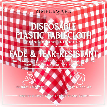 Premium Red Gingham Checkered Plastic Table Cloth Disposable (12 Pk) Plastic Tablecloths for Rectangle Tables (54In X 108In) Party Table Cloths Disposable for 6Ft to 8Ft Rectangle Tables