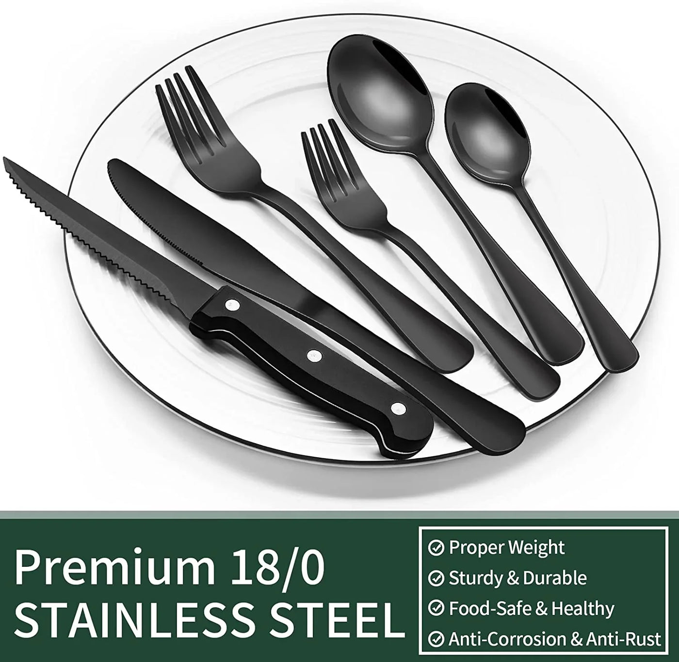 24-Piece Black Silverware Set with Steak Knives, Black Flatware Set for 4, Food-Grade Stainless Steel Tableware Cutlery Set, Mirror Finished Utensil Sets for Home Restaurant, round Edge