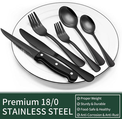 24-Piece Black Silverware Set with Steak Knives, Black Flatware Set for 4, Food-Grade Stainless Steel Tableware Cutlery Set, Mirror Finished Utensil Sets for Home Restaurant, round Edge