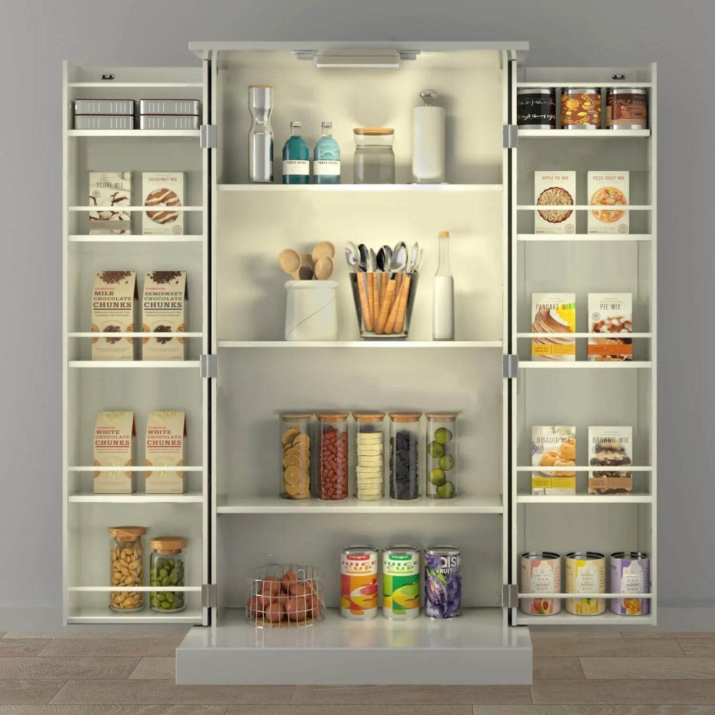 50" LED Kitchen Pantry Cabinet White Storage Cabinet Food Pantry with Doors and Adjustable Shelves Freestanding Buffet Cupboards Sideboard for Kitchen Living Room and Dinning Room