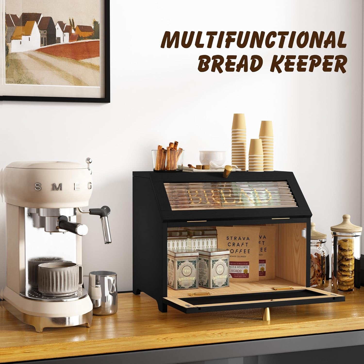Double Layer Bread Box with Golden Trim for Countertop, Wooden Bread Container for Kitchen Counter, Corner Bread Storage (Black1)