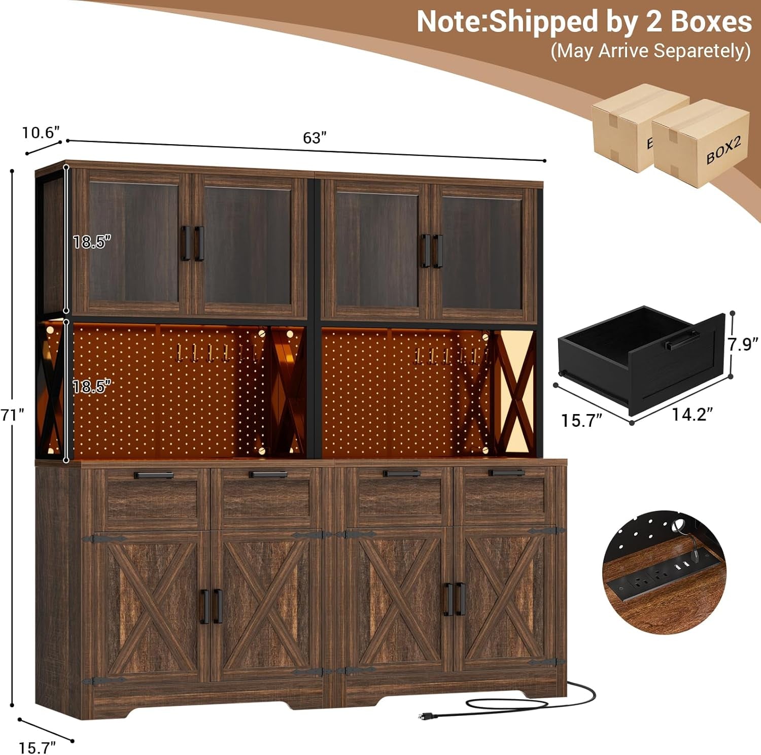 71" Tall Kitchen Pantry Storage Cabinet with LED Light & Outlet, 63" Wide Kitchen Hutch Cabinet with Large Countertop, DIY Pegboard and Drawers, Food Pantry for Living Room,Weathered Brown