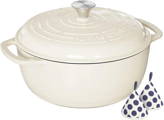 6QT Enameled Cast Iron Dutch Oven with Lid, Versatile Heavy-Duty Cookware Pot for Baking Bread, Braising, Soups & Stews, Oven & Stovetop Safe with Heat Resistant Gloves（Cream White）