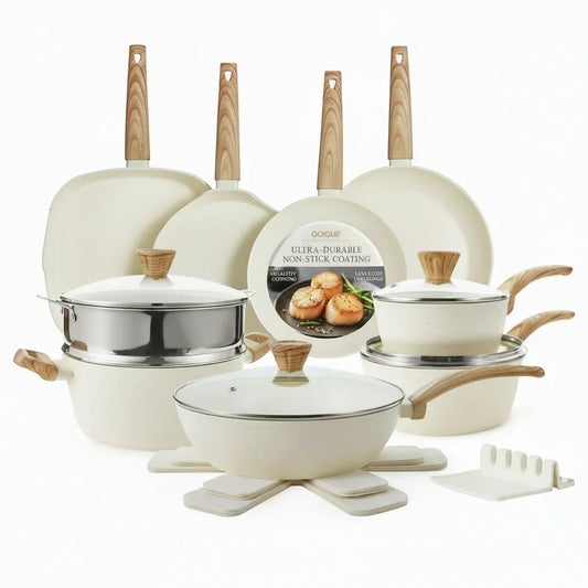 Cream-colored non-stick cookware set with wooden handles and lids, ideal for everyday cooking and organized kitchens.