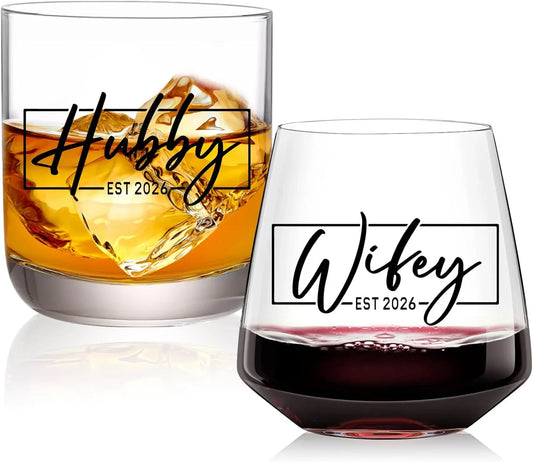 Wedding Gifts for Couples 2026,Hubby & Wifey Wine&Whiskey Glass Set,Bridal Shower Gifts for Bride and Groom, Newly-Married Gifts for Him and Her，Mr and Mrs Gifts,His and Hers Glass