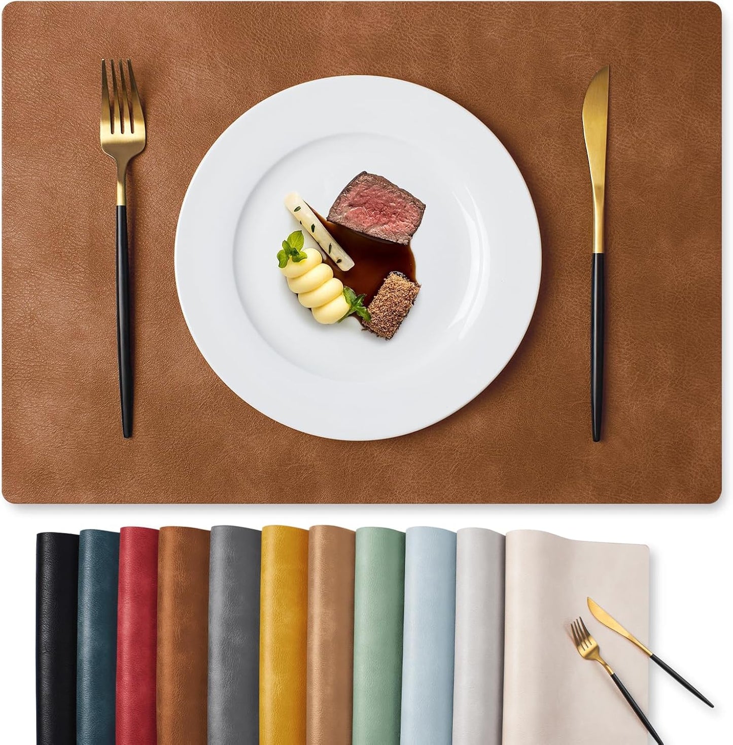 Vinyl Placemats Set of 6-12 X 17 Inch - Faux Leather 100% Waterproof Oil-Proof Wipeable PU Place Mats, Heat Resistant Reversible Table Mats for Kitchen, Dining, Outdoor (Reddish Brown)