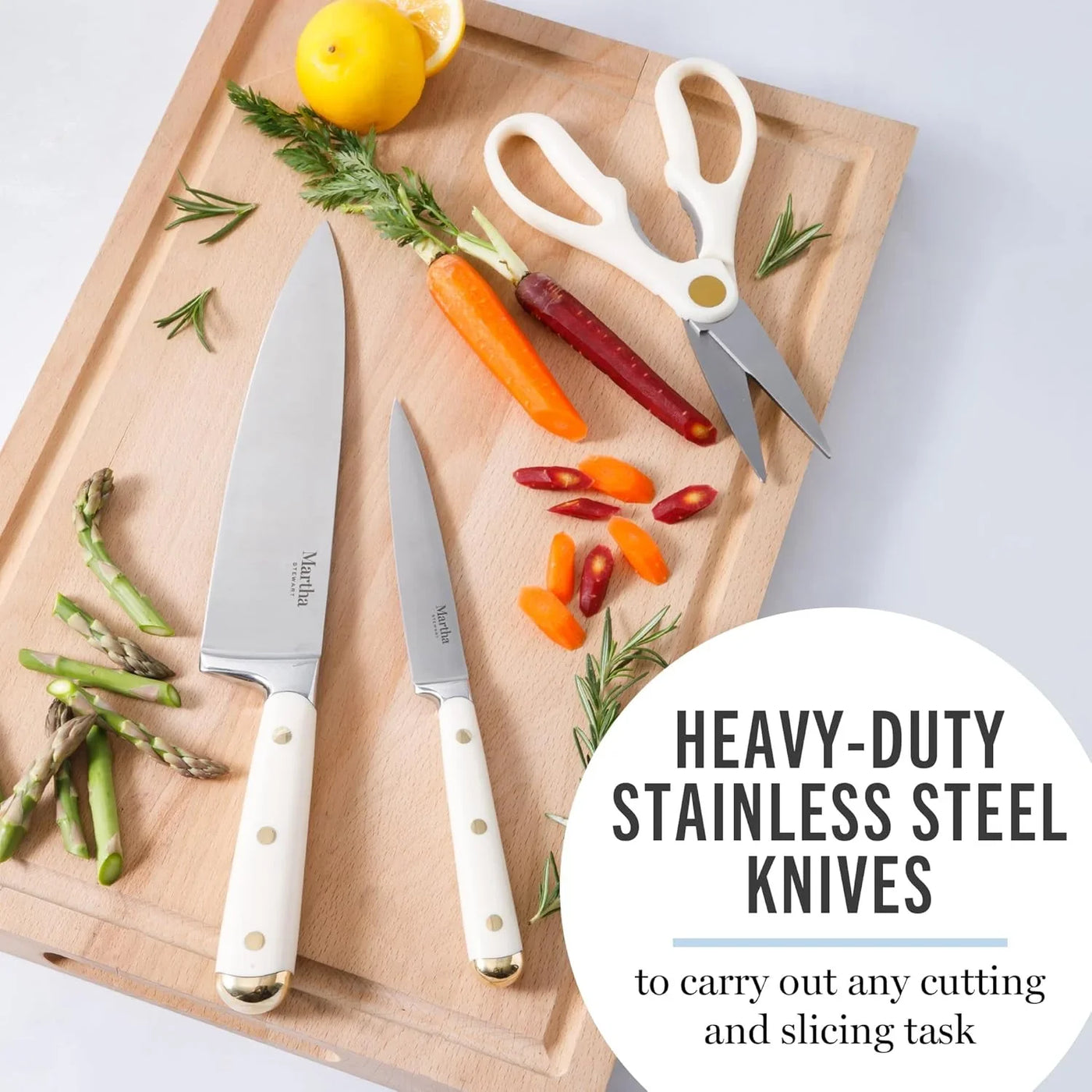 Knife Block Set 16-Piece - Lockton High Carbon Stainless Steel Forged Full Tang Chef Knives, Acacia Wood Block, Triple Riveted Handles, Linen White & Gold