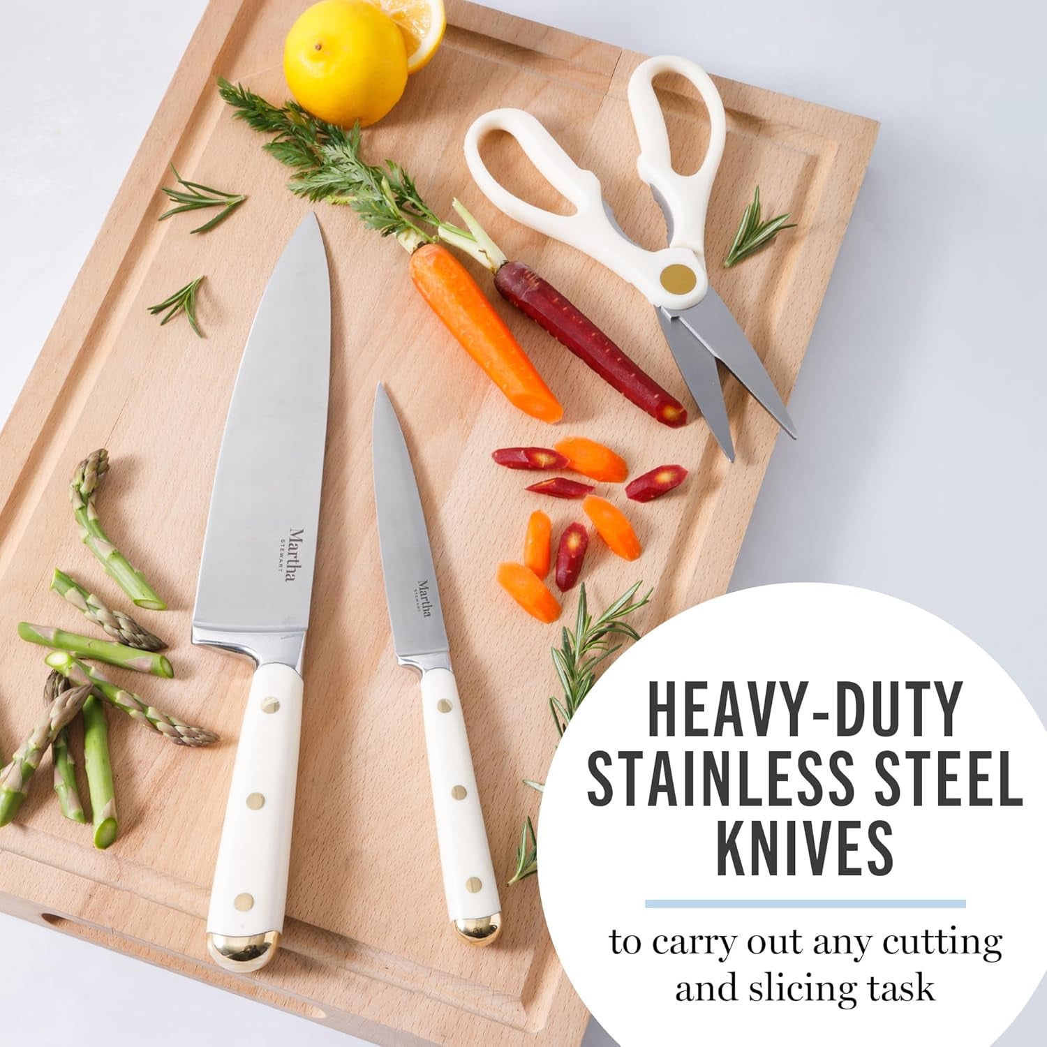 Knife Block Set 16-Piece - Lockton High Carbon Stainless Steel Forged Full Tang Chef Knives, Acacia Wood Block, Triple Riveted Handles, Linen White & Gold