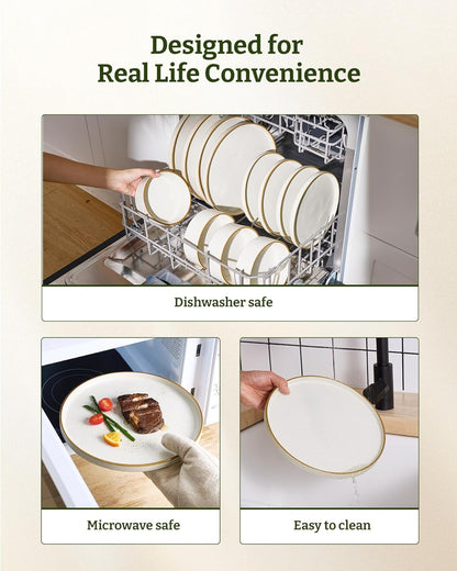 Nebula Plates and Bowls Sets, 12 Pieces Stoneware Dinnerware Sets, Reactive Glaze Dish Set, Dishes Set for 4, Matte Beige White with Brown Rim