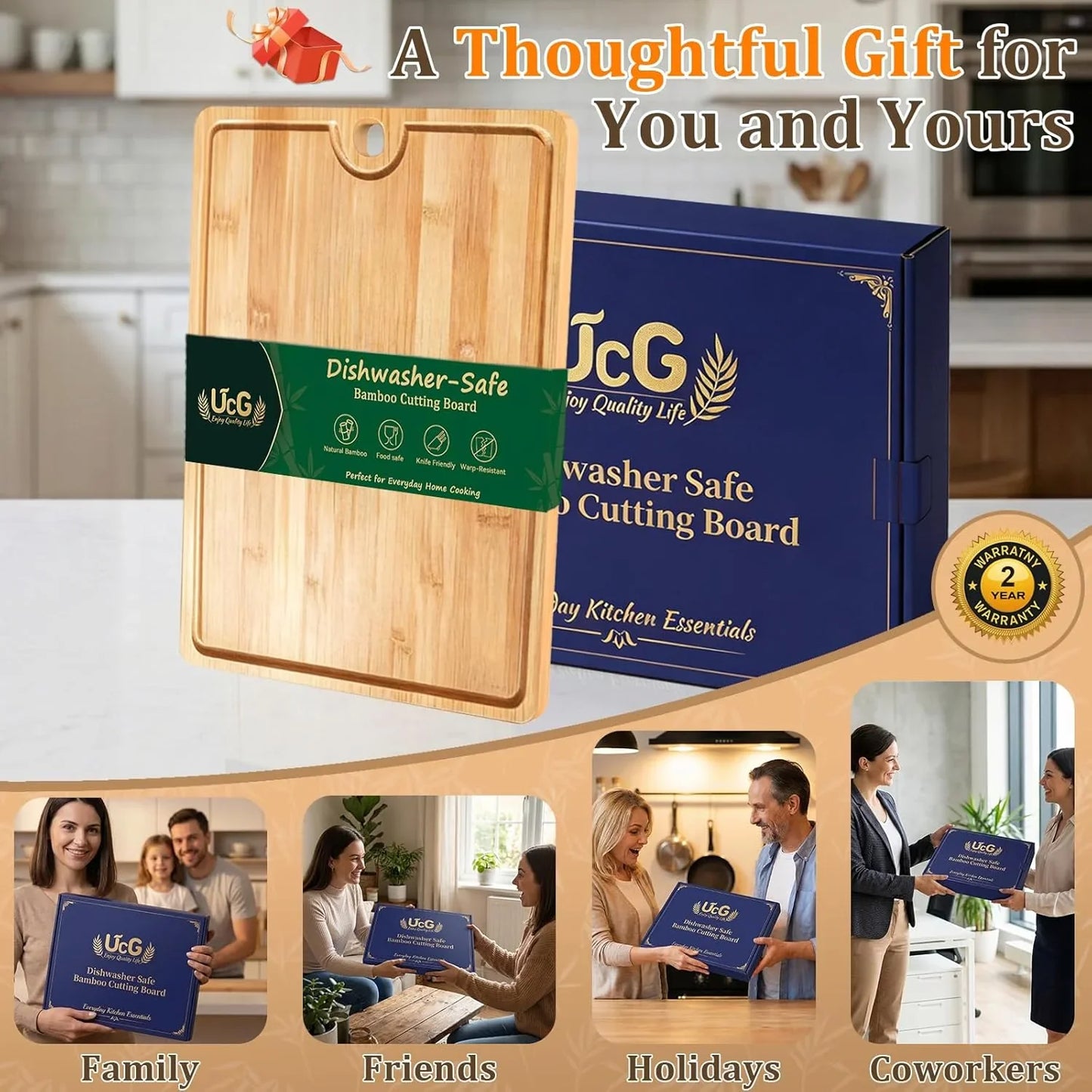 Easy-Clean Dishwasher-Safe Bamboo Cutting Board: 14×10.6 Inch Lightweight Reversible for Kitchen Meat & Serving - Durable Chopping Board with Juice Groove & Hanging Hole for Easy Storage