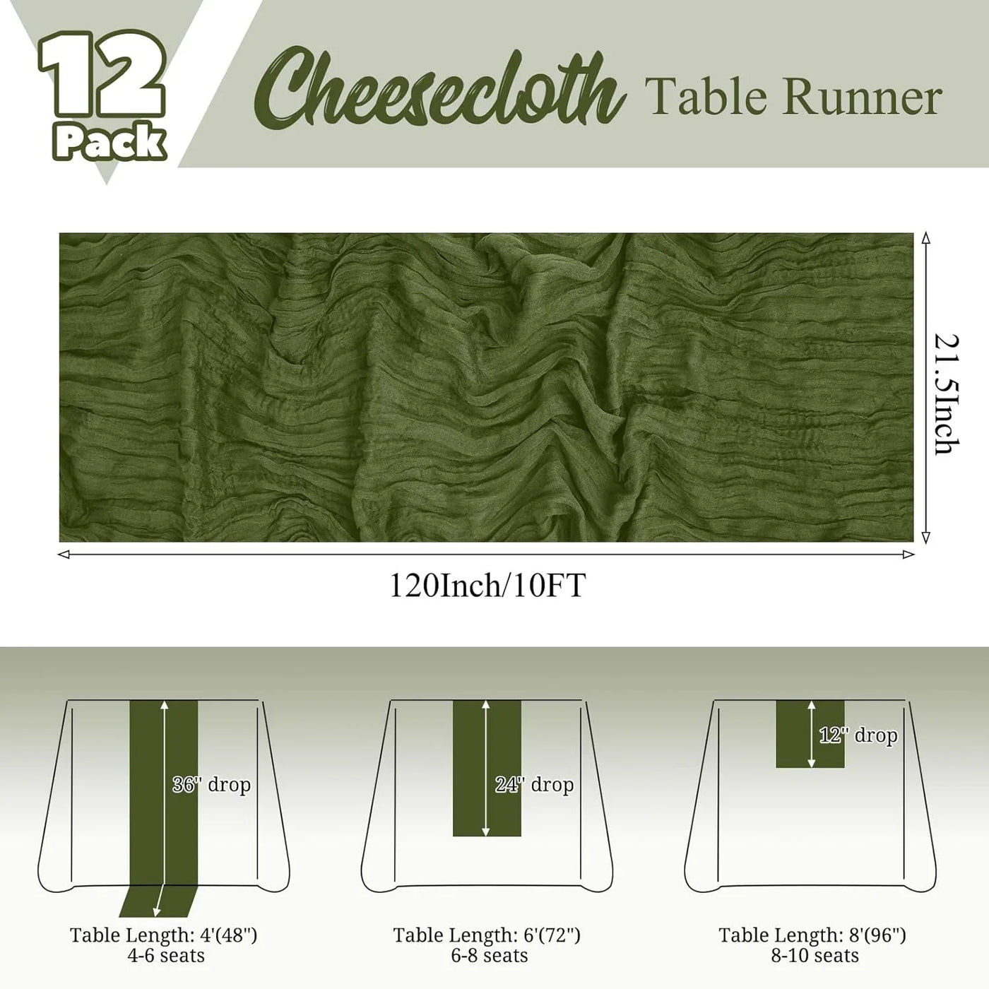 12 Pack Olive Green Table Runner 10Ft Cheesecloth Table Runner Rustic Gauze Table Runners Romantic Long Sheer Fabric Cheese Cloth Table Runners for Wedding Party Bridal Baby Shower