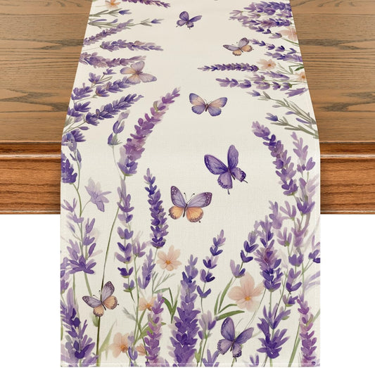 Purple Lavender Floral Butterflies Spring Table Runner, Seasonal Summer Kitchen Dining Table Decoration for Home Party Decor 13X72 Inch