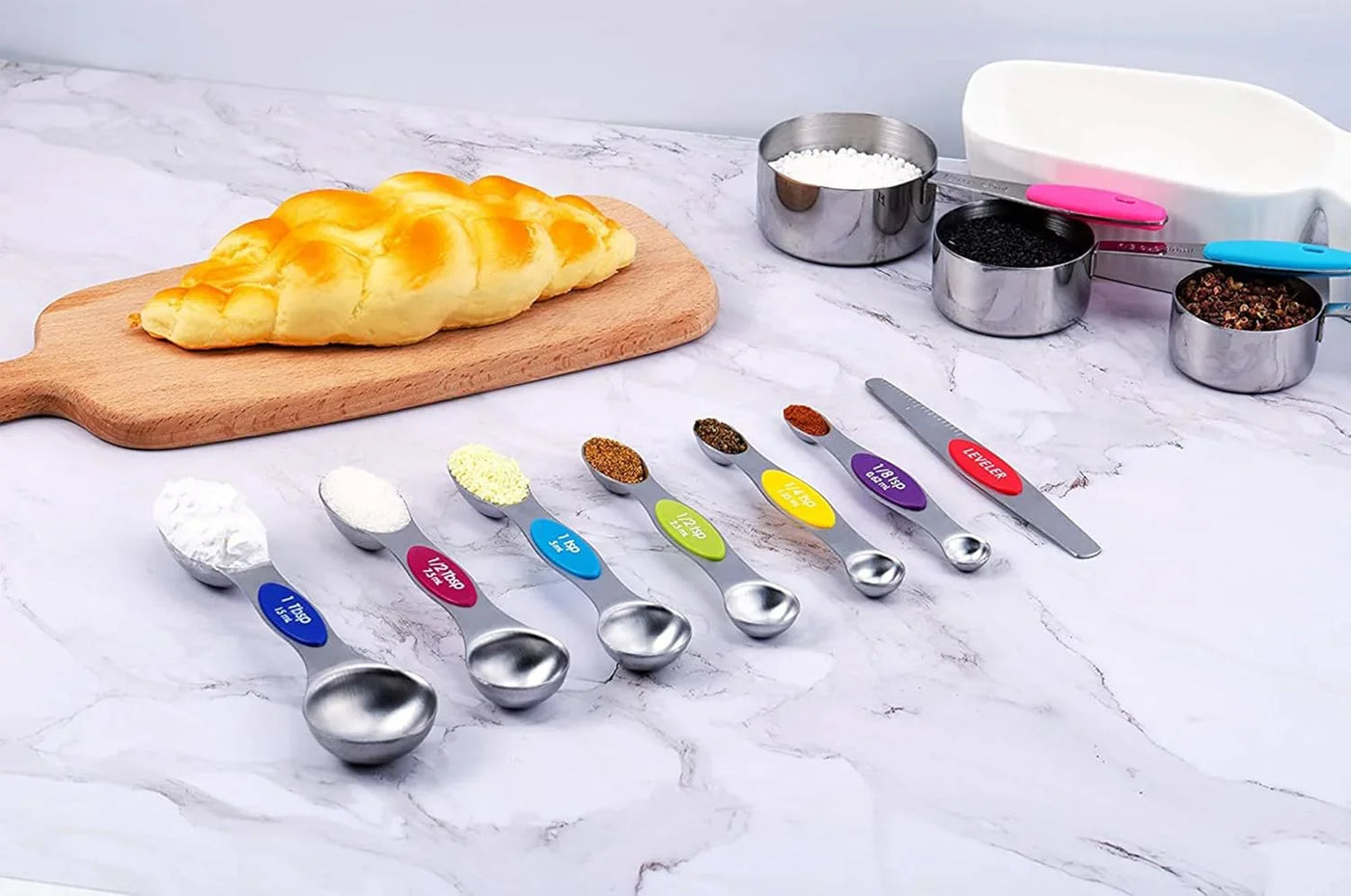 Measuring Cups and Magnetic Measuring Spoons Set, Stainless Steel Measuring Cups, 6 Double-Sided Stainless Steel Measuring Spoons & 1 Leveler (12)