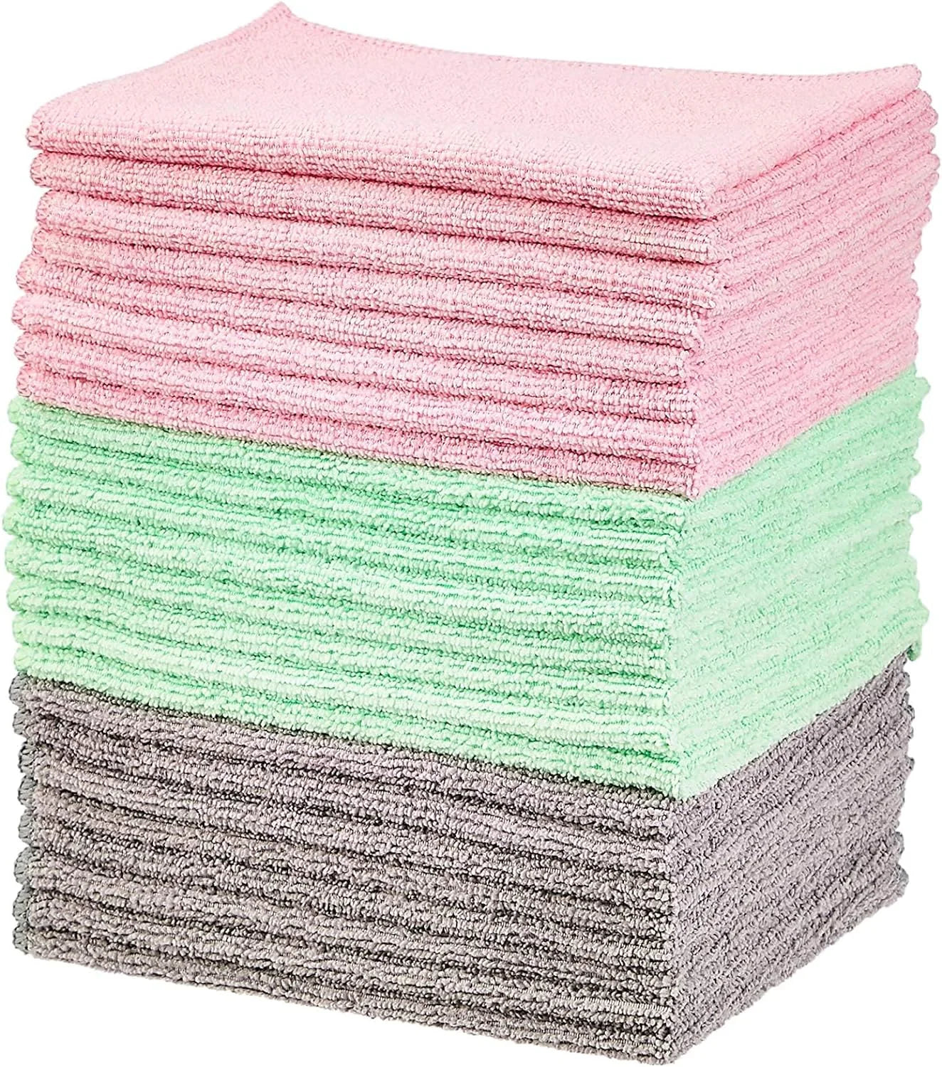 Microfiber Cleaning Cloths, Ultra-Soft and Highly Absorbent, Streak-Free, Lint-Free, Scratch-Free, Washable, for Car Detailing and Glass Cleaning, 16" X 12", Green/Gray/Pink, 24-Pack