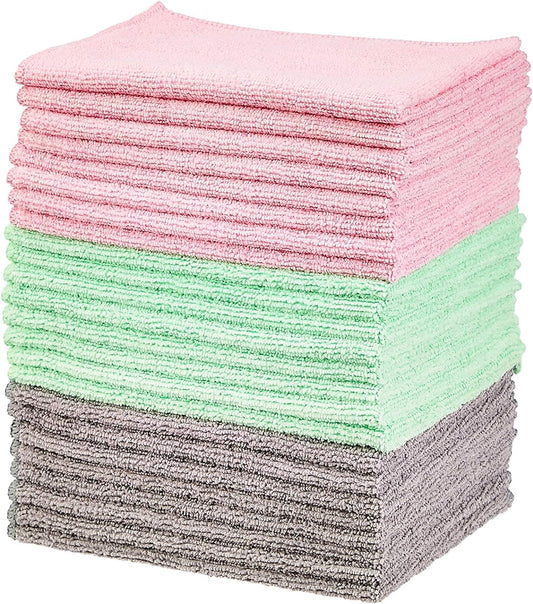 Microfiber Cleaning Cloths, Ultra-Soft and Highly Absorbent, Streak-Free, Lint-Free, Scratch-Free, Washable, for Car Detailing and Glass Cleaning, 16" X 12", Green/Gray/Pink, 24-Pack