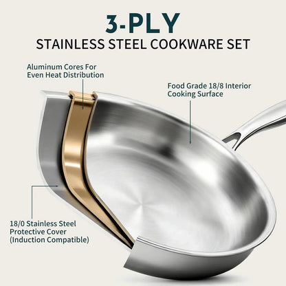 3-ply stainless steel cookware with aluminum core and induction-compatible base