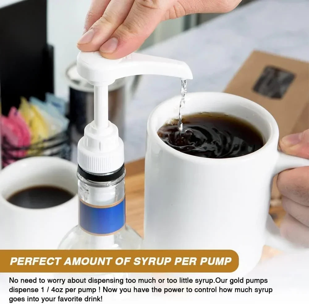 White syrup pump dispensing precise amount into coffee mug, kitchen countertop setting