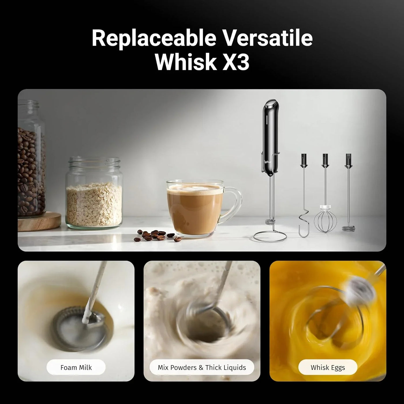 Instawhisk Milk Frother with Variable Speed, Rechargeable Coffee Frother Wand with Detachable Double Whisk, Drink Mixer Handheld Electric Stirrer for Latte, Cappuccino, Matcha, Almond Milk, Protein