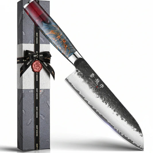 Japanese Chef Knife, 7 Inch Hand Forged Santoku Knife with VG10 Steel, Chefs Knives for Professional & Home Kitchen, Sharp Kitchen Knives with Red Ergonomic Handle, Cooking Gifts for Men and Women