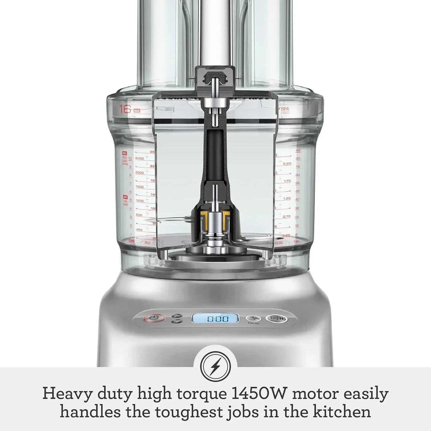 Heavy-duty 1450W food processor with high-torque motor for tough kitchen tasks, BPA-free bowl, digital timer