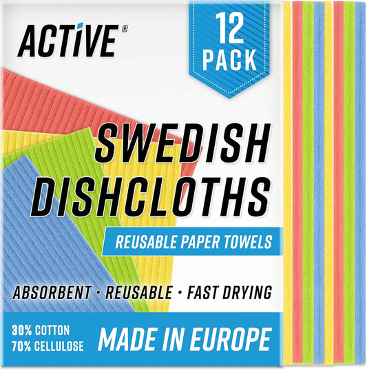 Swedish Dish Cloths for Kitchen 12 Pack Cellulose Sponge Cloth, Washable Dishcloths for Washing Dishes, Original European Dish Towels, Absorbent Reusable Paper Towels - Multicolor Assorted