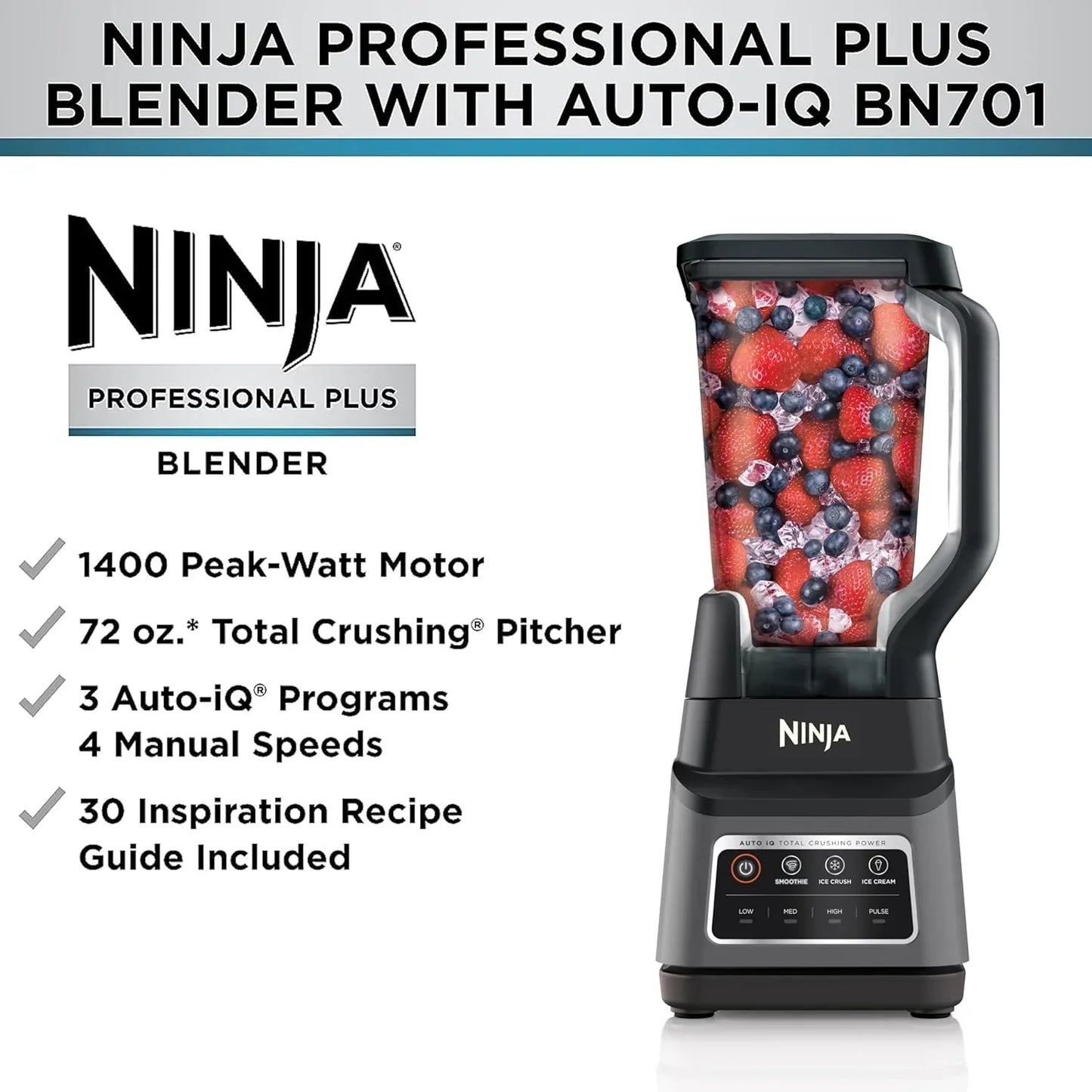 Professional plus Blender | Max Power Smoothie Blender, Ice Cream Maker, Frozen Drink Mixer & Margarita Machine | 3 Auto IQ™ Presets, 1400 W, 72Oz Total Crushing Pitcher | Dark Grey, BN701
