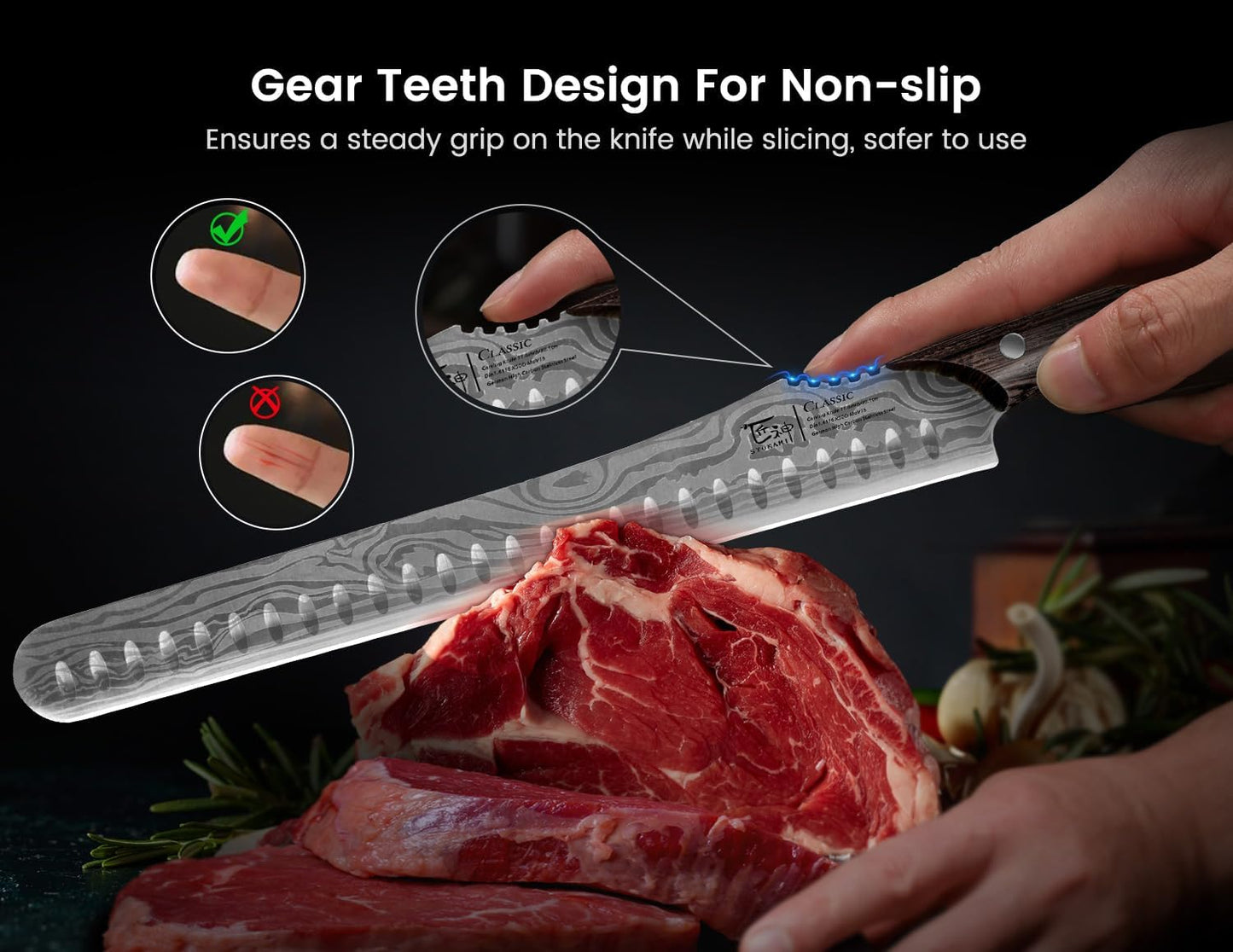 Brisket Slicing Knife, 12 Inch Multifunction Carving Knife for Meat Cutting, Japanese Style Meat Slicer with Wood Full Tang Handle, Damascus Pattern Long Slicing for Roast Beef, Ideal for Gift