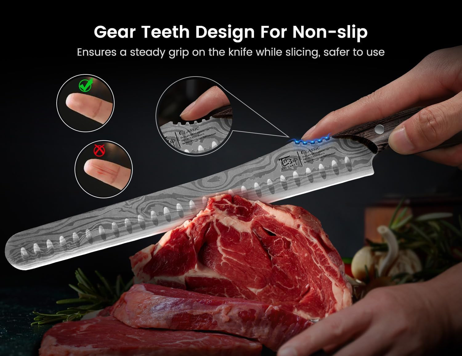 Brisket Slicing Knife, 12 Inch Multifunction Carving Knife for Meat Cutting, Japanese Style Meat Slicer with Wood Full Tang Handle, Damascus Pattern Long Slicing for Roast Beef, Ideal for Gift