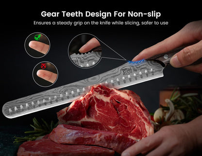 Brisket Slicing Knife, 12 Inch Multifunction Carving Knife for Meat Cutting, Japanese Style Meat Slicer with Wood Full Tang Handle, Damascus Pattern Long Slicing for Roast Beef, Ideal for Gift