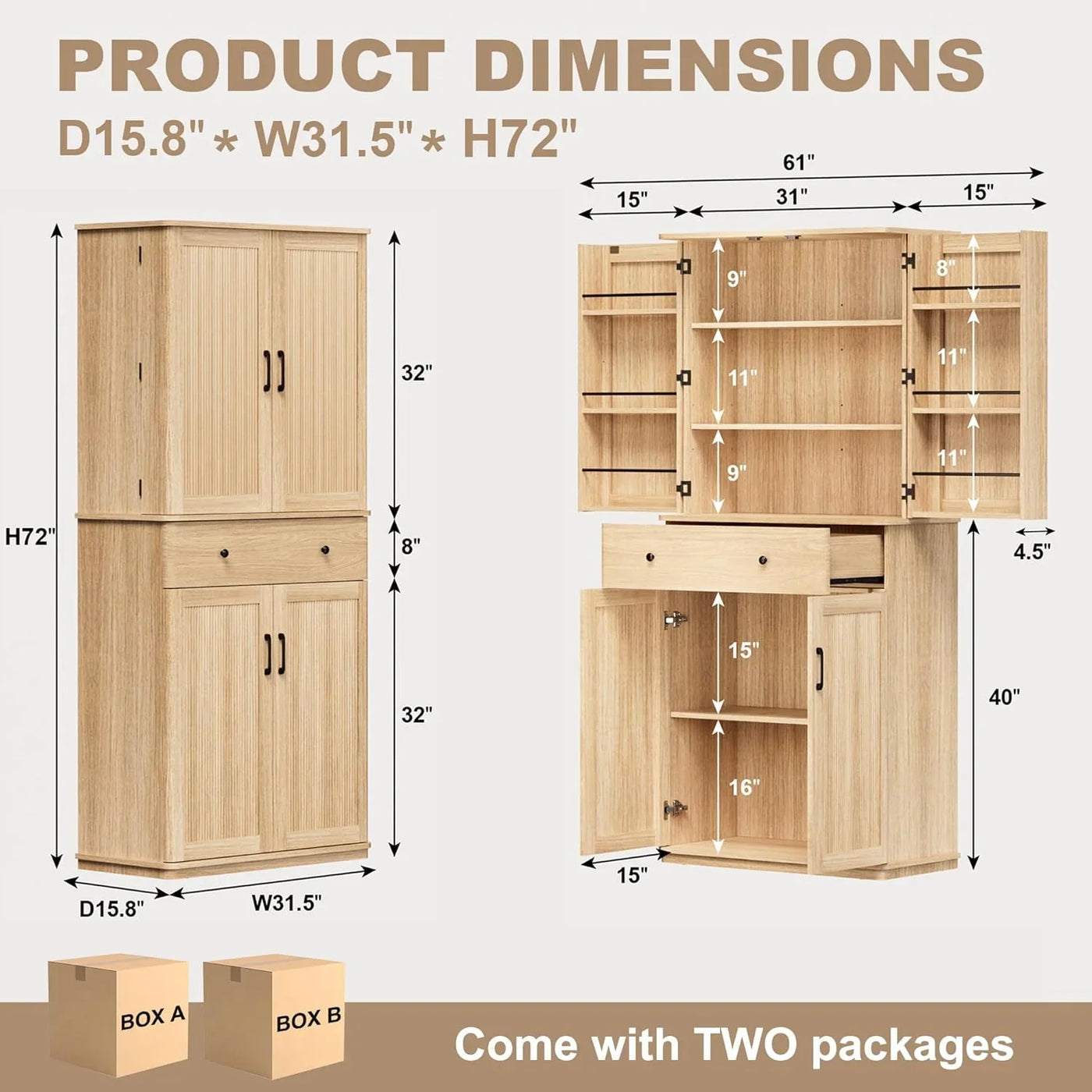 72" Tall Pantry Cabinet, Kitchen Storage Cabinet with 1 Drawer 2 Cabinets, 3 Adjustable Shelves 6 Door Shelves, Freestanding Multi Use Pantry Storage Cabinet for Kitchen Dining Room Living Room