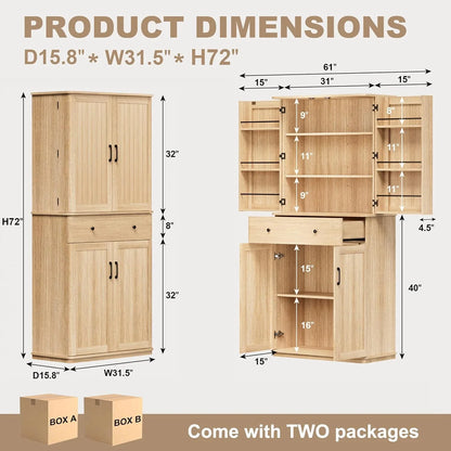 72" Tall Pantry Cabinet, Kitchen Storage Cabinet with 1 Drawer 2 Cabinets, 3 Adjustable Shelves 6 Door Shelves, Freestanding Multi Use Pantry Storage Cabinet for Kitchen Dining Room Living Room