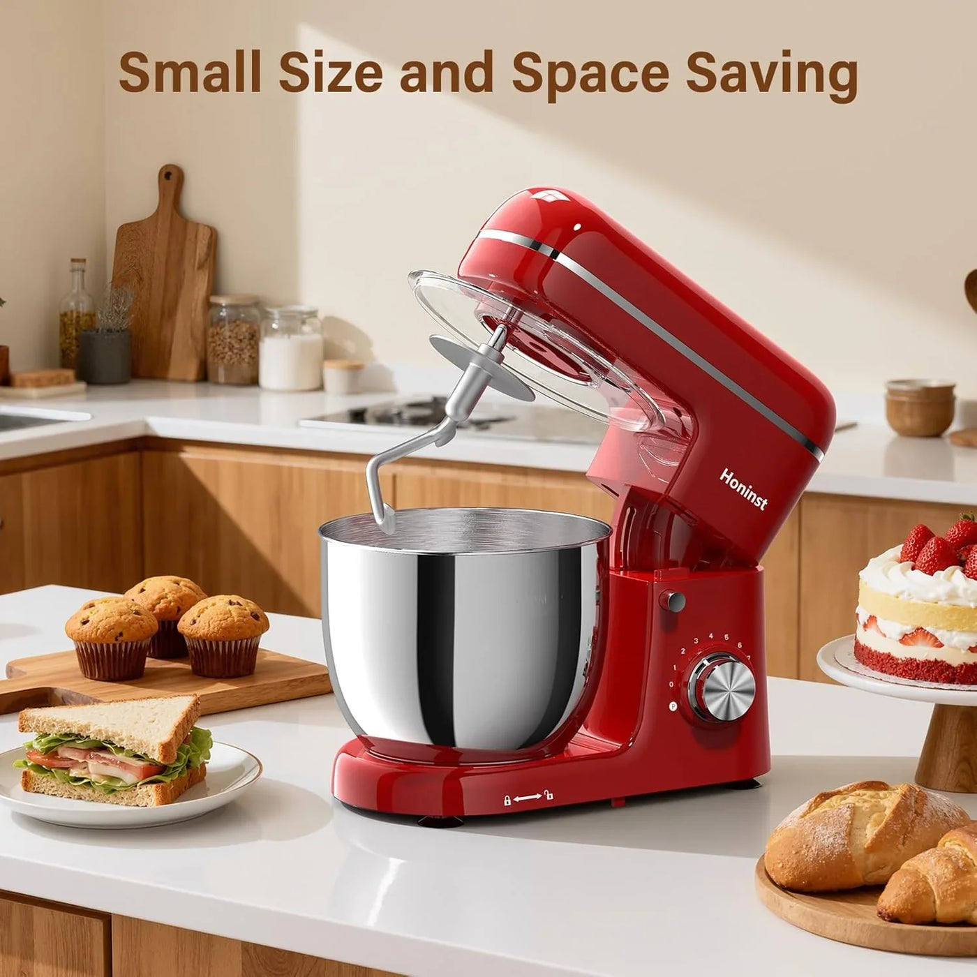 Stand Mixer, 3-In-1 8-Speed 660W 6.5QT Tilt-Head Food Mixer, Electric Mixer with Bowl, Dough Hook, Whisk and Beater, Kitchen Mixer for Baking, Cake and Most Home Cooks, Red