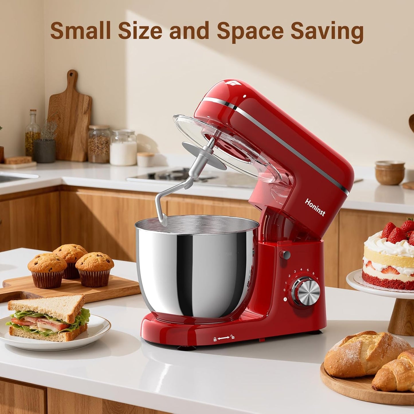Stand Mixer, 3-In-1 8-Speed 660W 6.5QT Tilt-Head Food Mixer, Electric Mixer with Bowl, Dough Hook, Whisk and Beater, Kitchen Mixer for Baking, Cake and Most Home Cooks, Red