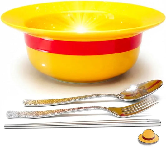 5-In-1 Gift Set - 7.5" Straw Hat Shaped Ceramic Bowl with Stainless Steel Utensils - Novelty Ramen Bowl for Noodles, Salad, Cereal - Unique Japanese Style Kitchen Decor Gift for Anime Lovers