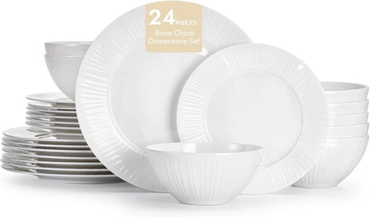 Bone China Dinnerware Set, 24-Piece White Lightweight Porcelain with Textured Design Service for 8, Plates, Bowls, for Family Dining, Restaurants, Gifting，Microwave and Dishwasher Safe