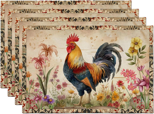 Roosters Imitation Linen Placemat, Vintage Rustic Chicken Placemat, Set of 4, Birthday Housewarming Gift for Mom Friend Family, Dining Kitchen Decoration (12X18 Inches) A01
